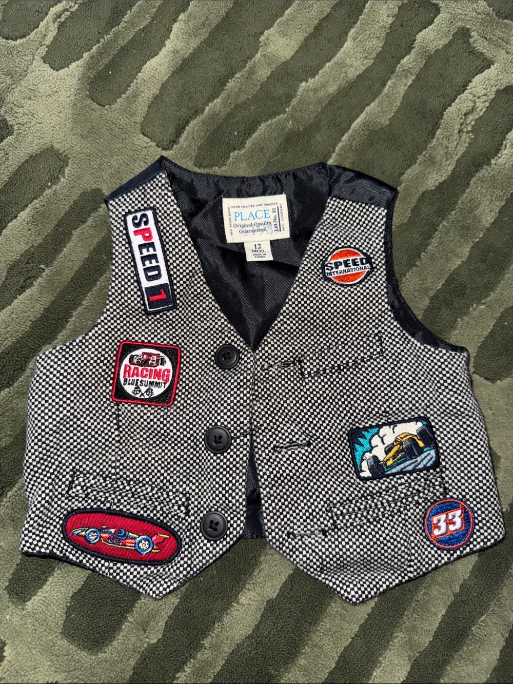 VINTAGE Children's Place Checkered Racing Patch Baby Vest - 12 months - Unique